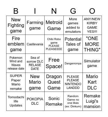 NINTENDO DIRECT Bingo Card
