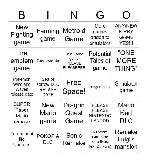 NINTENDO DIRECT Bingo Card