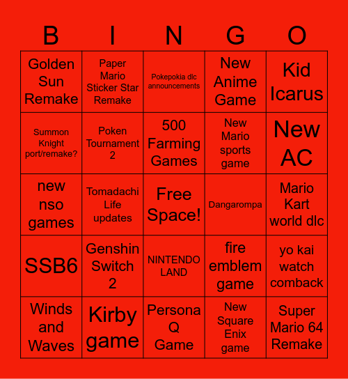Nintendo Direct 9/9 Bingo Card