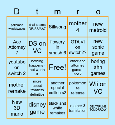 nintendo direct Bingo Card
