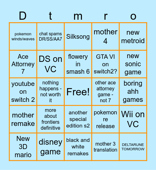 nintendo direct Bingo Card