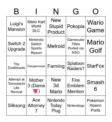 Nintendo Direct Bingo Card