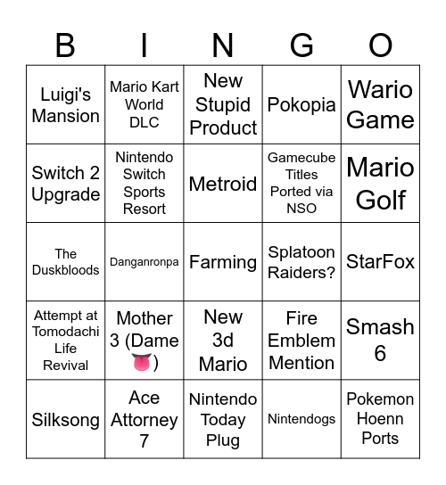 Nintendo Direct Bingo Card