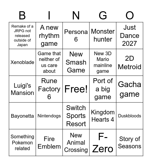 Nintendo Direct Bingo Card