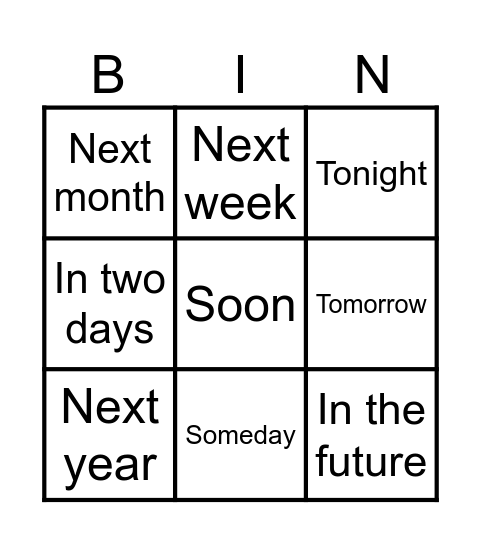 Present Future Tense Bingo Card