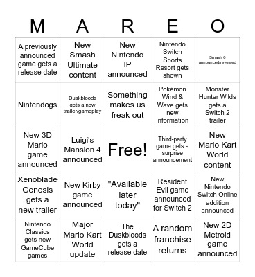 Nintendo Direct 9/9/26 @ 9:00 AM CST Bingo Card