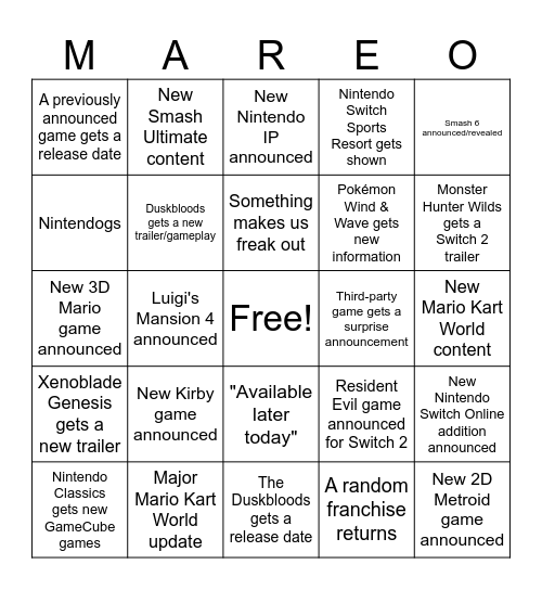 Nintendo Direct 9/9/26 @ 9:00 AM CST Bingo Card