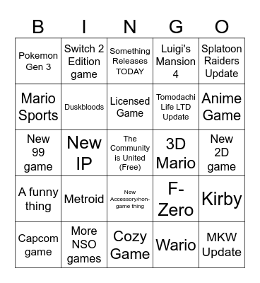 Nintendo Direct 9.9.26 Bingo Card