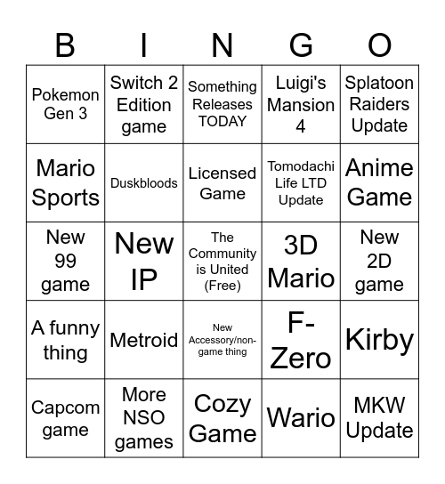 Nintendo Direct 9.9.26 Bingo Card