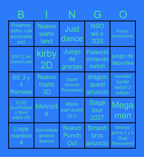 Nintendo Direct Bingo Card