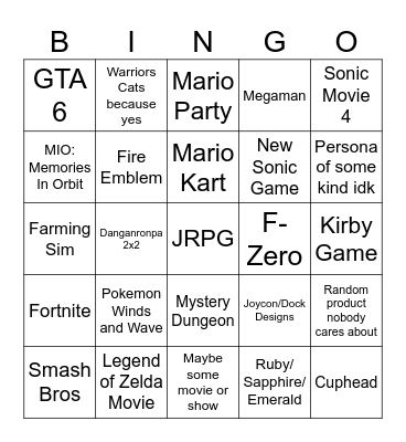 Nintendo Direct Bingo Card