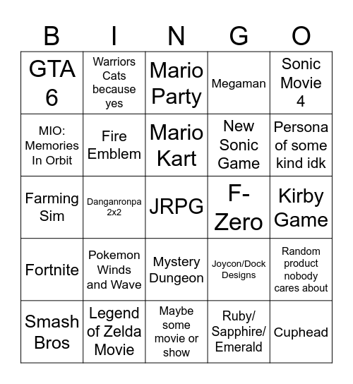Nintendo Direct Bingo Card