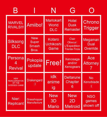Nintendo Direct 9/9/26 Bingo Card