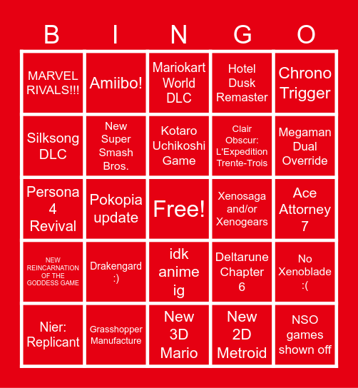 Nintendo Direct 9/9/26 Bingo Card