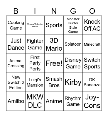 Nintendo Direct Bingo Card