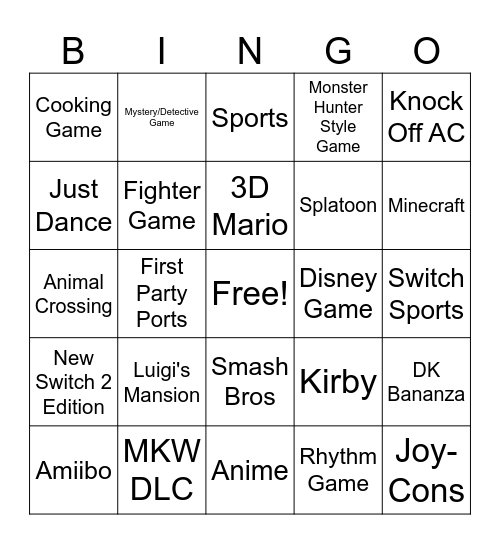 Nintendo Direct Bingo Card