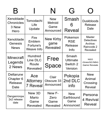 Nintendo Direct Bingo Card
