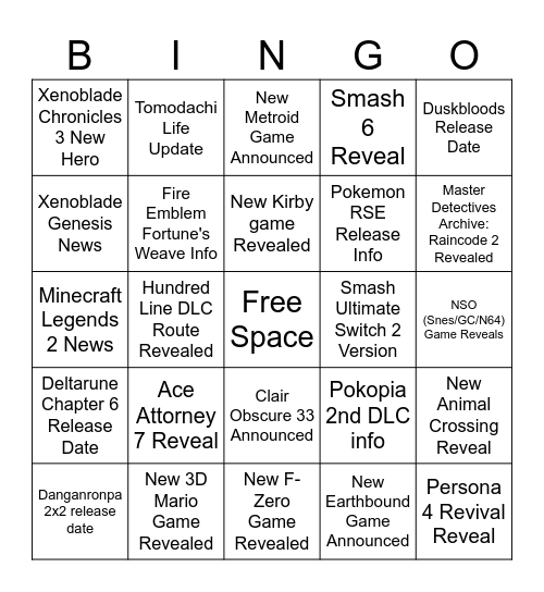 Nintendo Direct Bingo Card
