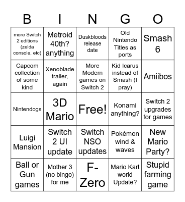 Nintendo Direct 9/9/2026 Bingo Card