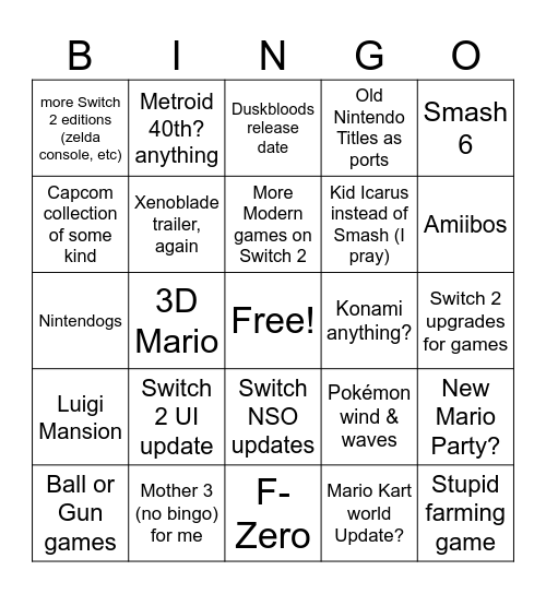 Nintendo Direct 9/9/2026 Bingo Card