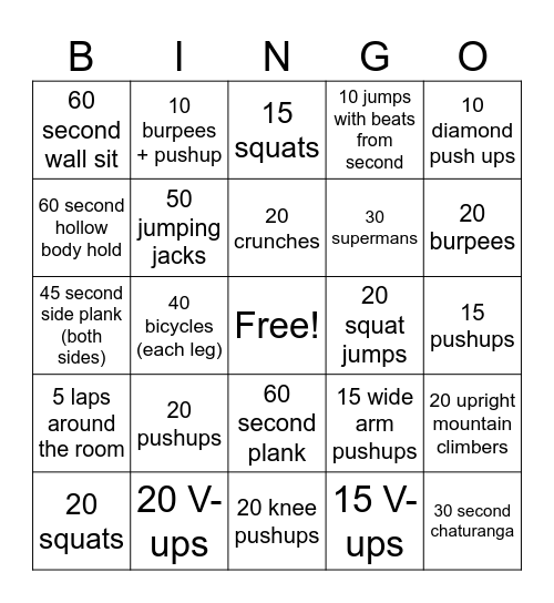 Conditioning Bingo V2 Bingo Card