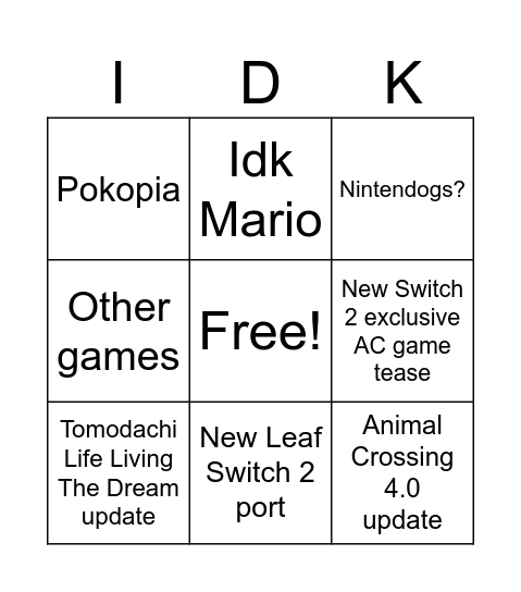 Nintendo Direct 9/9/2026 bingo Card