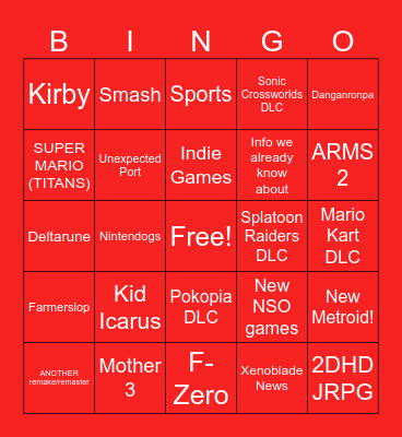 Nintendo Direct 9/9 Bingo Card