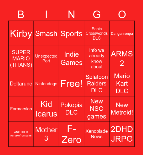 Nintendo Direct 9/9 Bingo Card