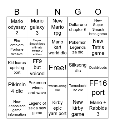 Nintendo direct Bingo Card