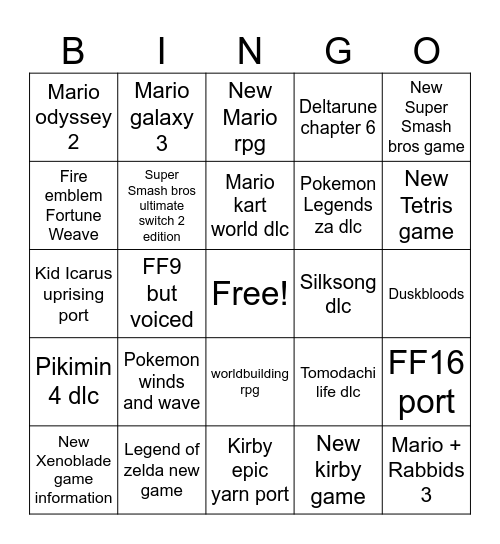 Nintendo direct Bingo Card