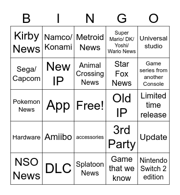 Nintendo 9/9/26 Direct Bingo Card