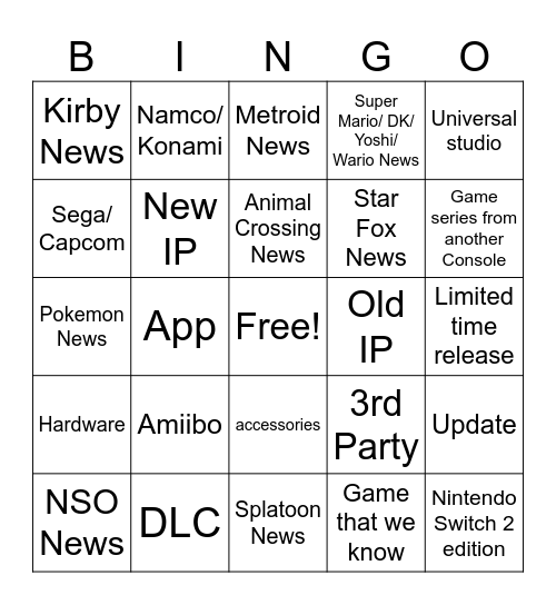 Nintendo 9/9/26 Direct Bingo Card