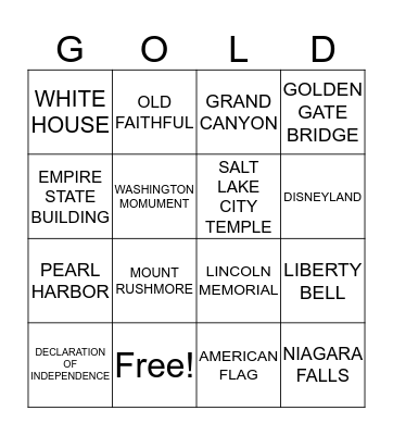 National Treasures Bingo Card