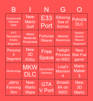 9/9/26 Nintendo Direct Bingo Card