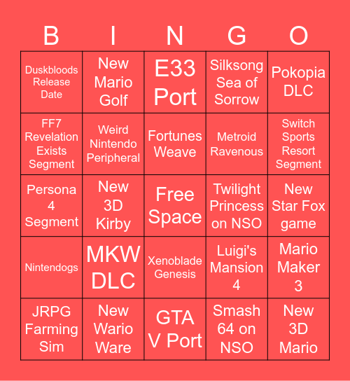 9/9/26 Nintendo Direct Bingo Card