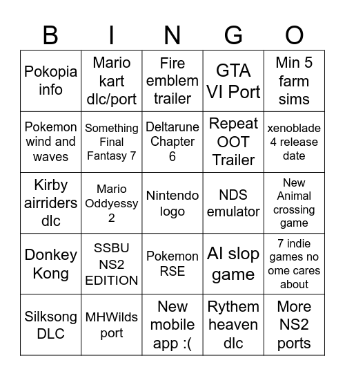 Nintendo direct bingo Card