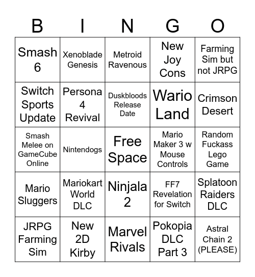 Nintendo Direct 9/9/2026 Bingo Card