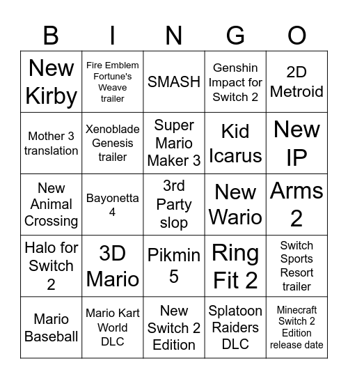 Nintendo Direct September 2026 Bingo Card