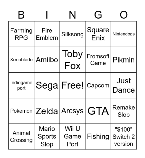 Nintendo Direct Sept 9th Bingo Card