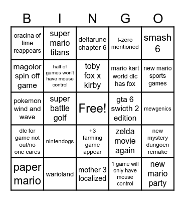 Nintendo direct bingo Card