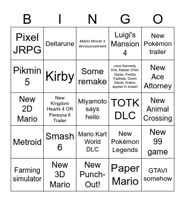Nintendo Direct Bingo Card
