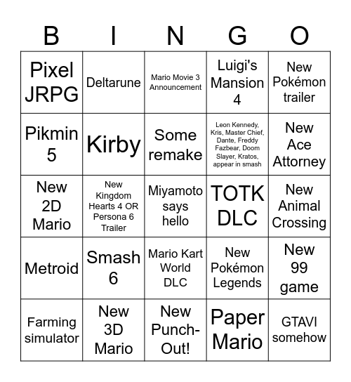 Nintendo Direct Bingo Card