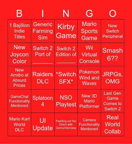 Switch 2 Direct Bingo Card