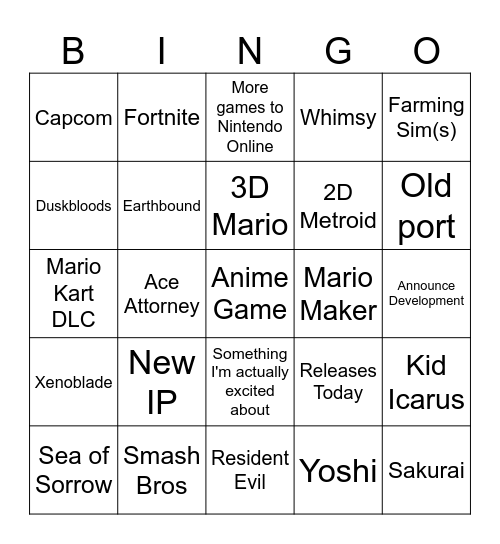 Nintendo Direct Bingo Card