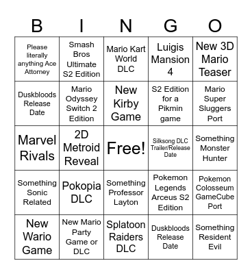 Nintendo Direct Sept 9, 2026 Bingo Card