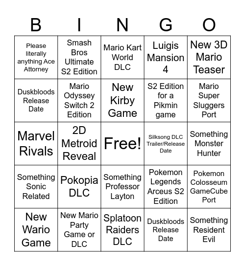 Nintendo Direct Sept 9, 2026 Bingo Card
