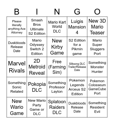 Nintendo Direct Sept 9, 2026 Bingo Card
