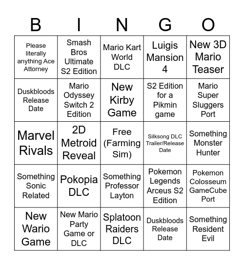 Nintendo Direct Sept 9, 2026 Bingo Card