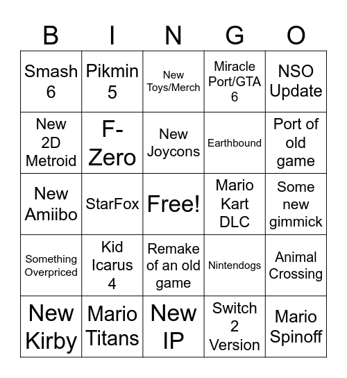 Nintendo Direct 9/9/26 Bingo Card