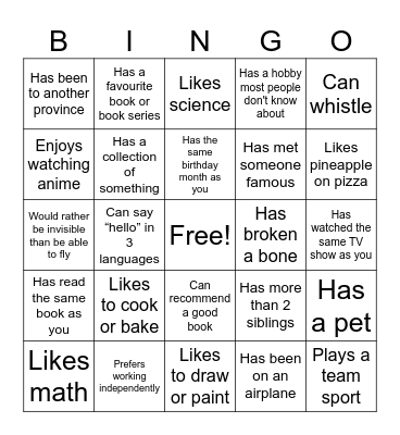 Getting To Know You! Bingo Card